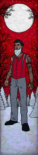 Free printable Christmas bookmarks of a tattooed Santa wearing suspenders